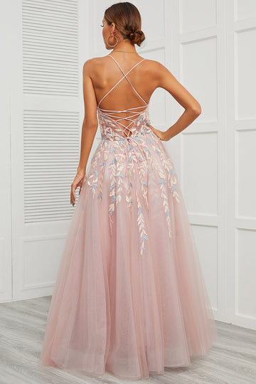 Spaghetti stropper Pink Tulle Prom Kjole